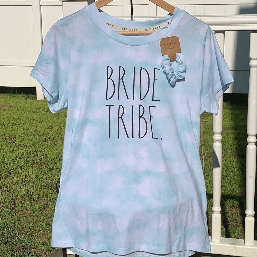Rae Dunn | NWT Bride Tribe Blue White Tee & Scrunchie L